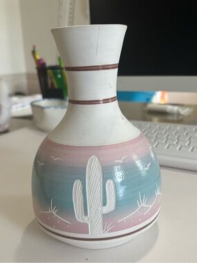 Mexican clay vase Hand-Painted Desert Cactus Vase in Pink & Blue